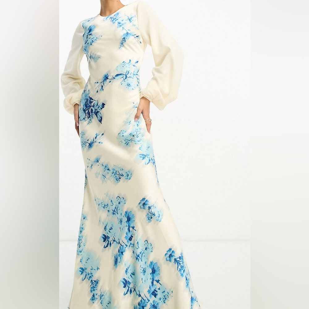 ASOS long sleeve satin maxi dress with blue flowers.